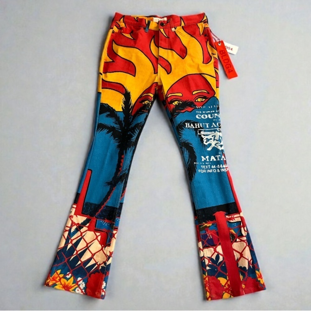 BLDG4 Men’s Catalina Celestial Flare Fit Jeans Graphic Flame Print Size 32 NWT